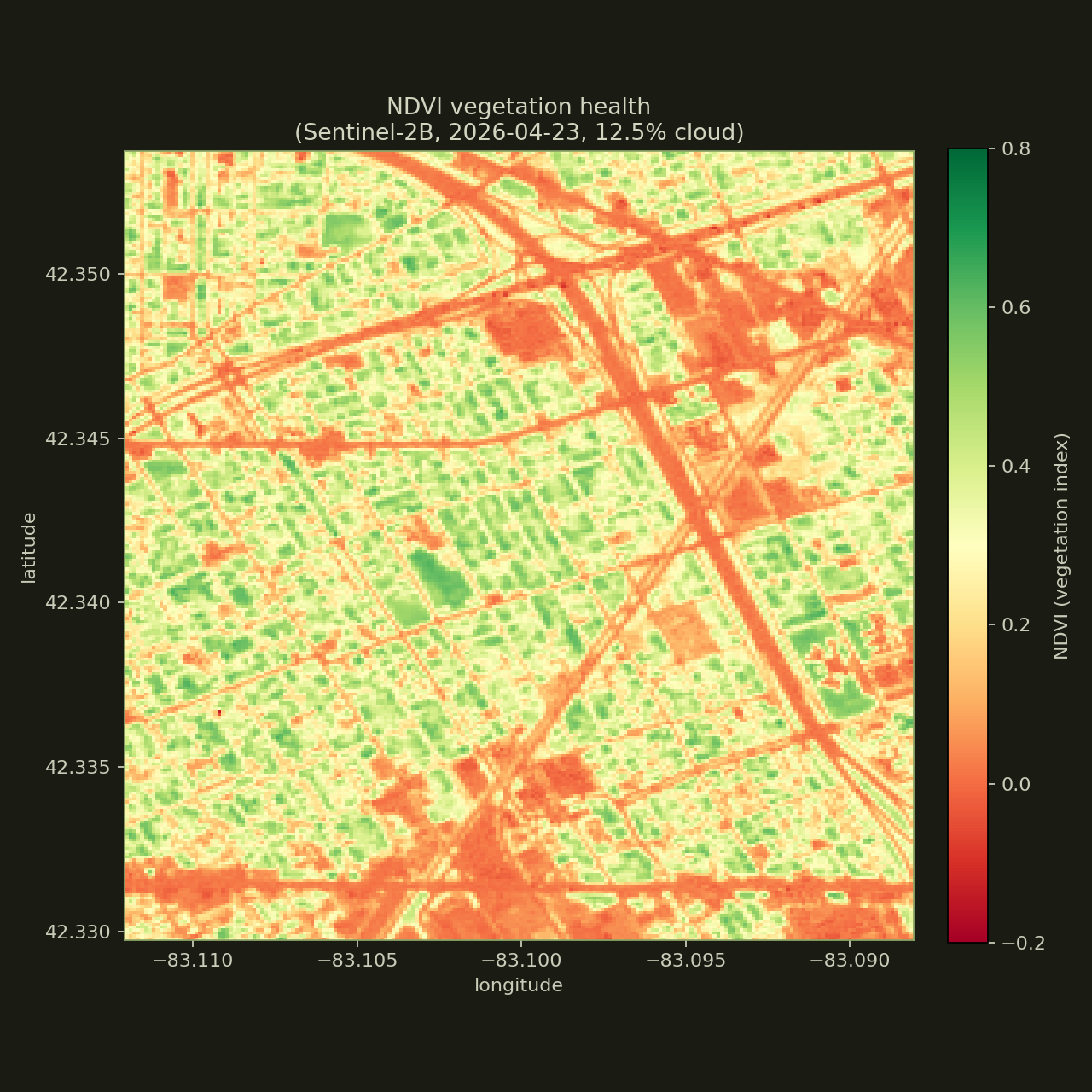 NDVI heatmap of the Chadsey-Condon neighborhood, green = healthy vegetation, red = built surfaces